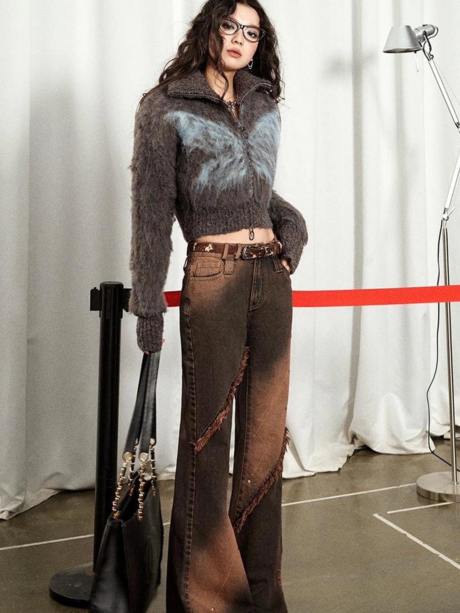 OfAkiva Kronos Brown Meteor Asymmetrical Flare Jeans