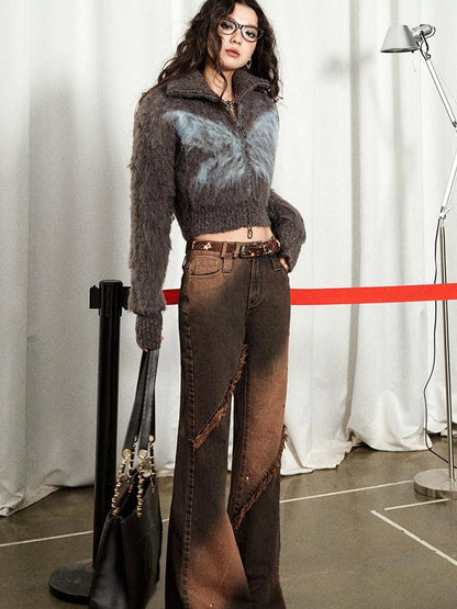 OfAkiva Kronos Brown Meteor Asymmetrical Flare Jeans