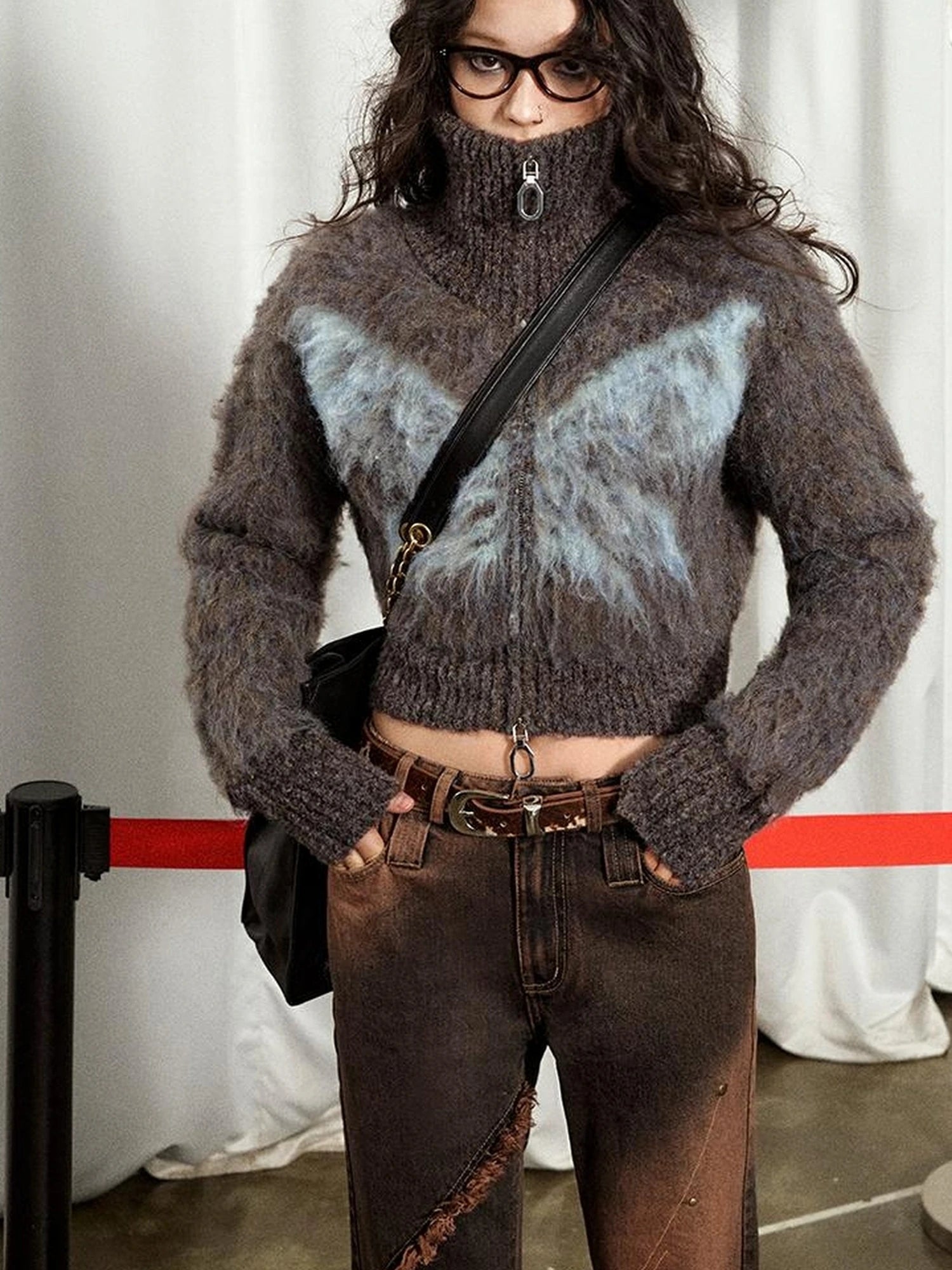 OfAkiva Kronos Brown Meteor Asymmetrical Flare Jeans