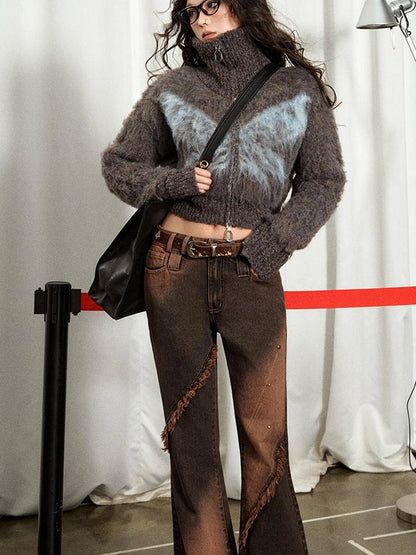 OfAkiva Kronos Brown Meteor Asymmetrical Flare Jeans