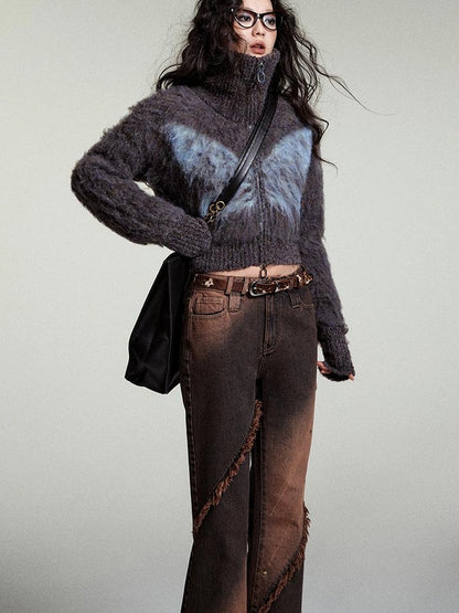 OfAkiva Kronos Brown Meteor Asymmetrical Flare Jeans