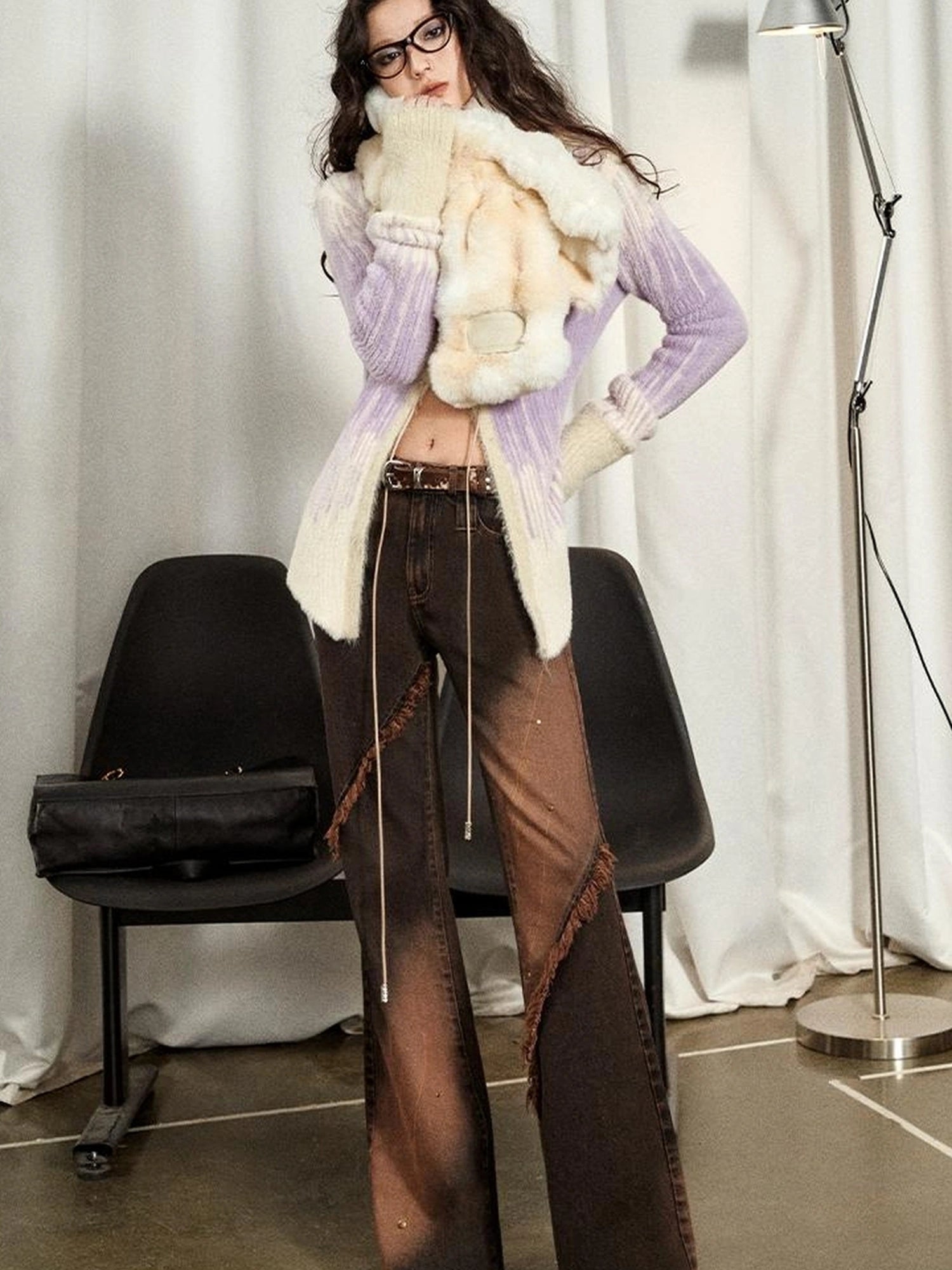 OfAkiva Kronos Brown Meteor Asymmetrical Flare Jeans