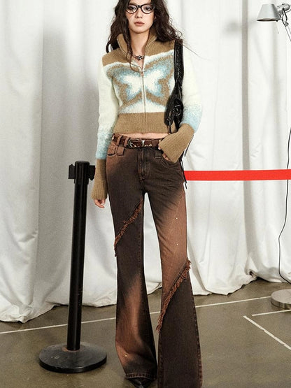 OfAkiva Kronos Brown Meteor Asymmetrical Flare Jeans