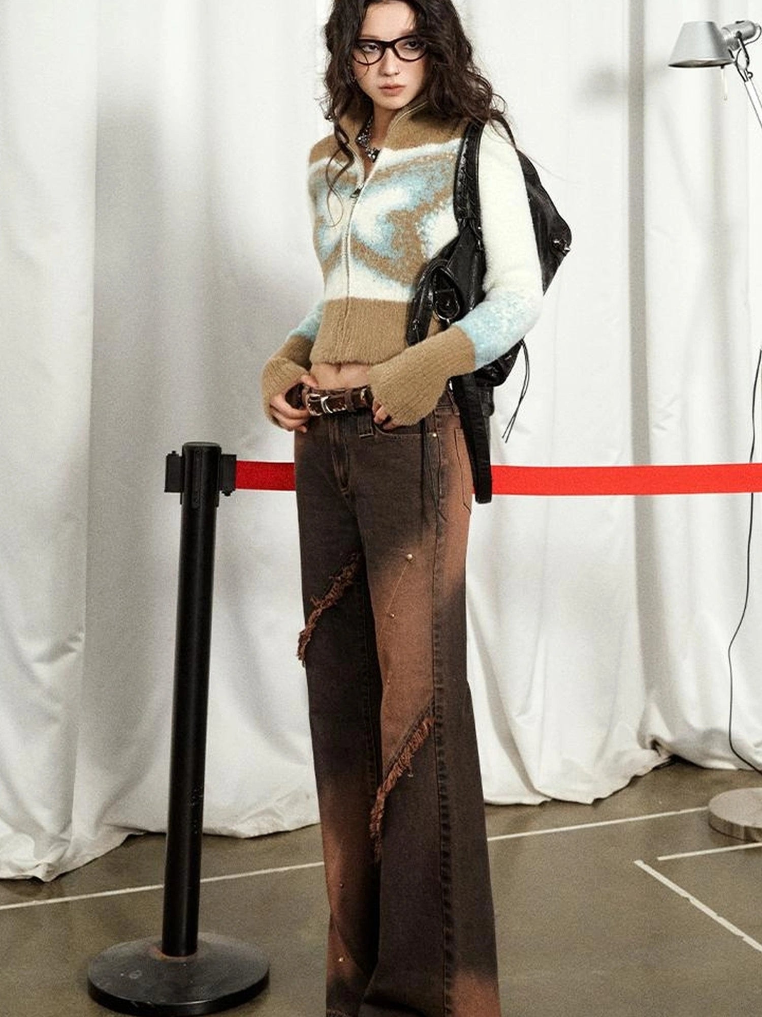 OfAkiva Kronos Brown Meteor Asymmetrical Flare Jeans