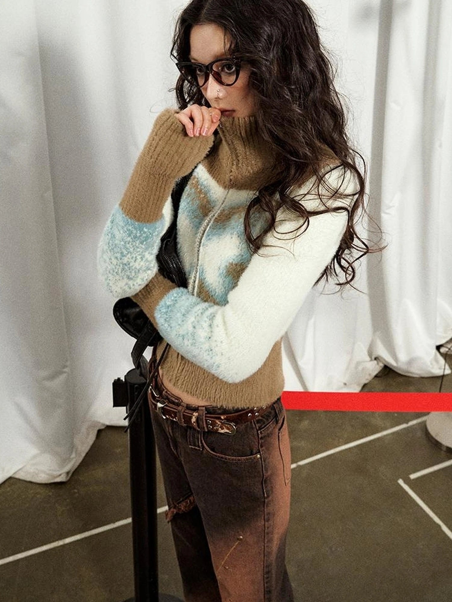 OfAkiva Kronos Brown Meteor Asymmetrical Flare Jeans