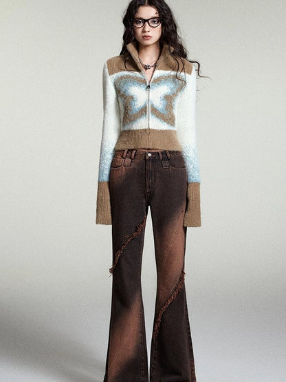 OfAkiva Kronos Brown Meteor Asymmetrical Flare Jeans