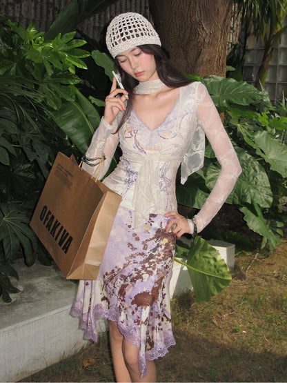 OfAkiva Lace Print Patchwork Slim Fit Women&