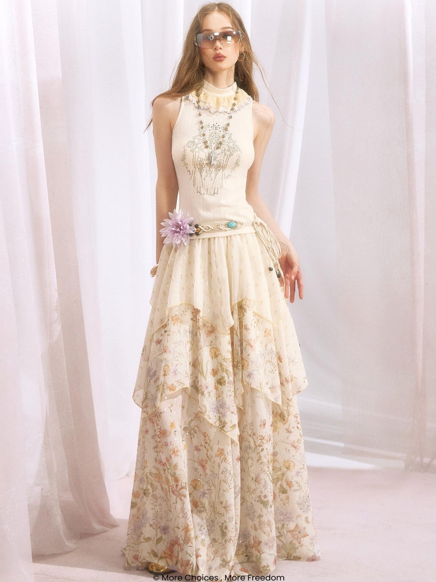 OfAkiva Lace Rhinestone Stand Collar Slim Fit Cropped Women&