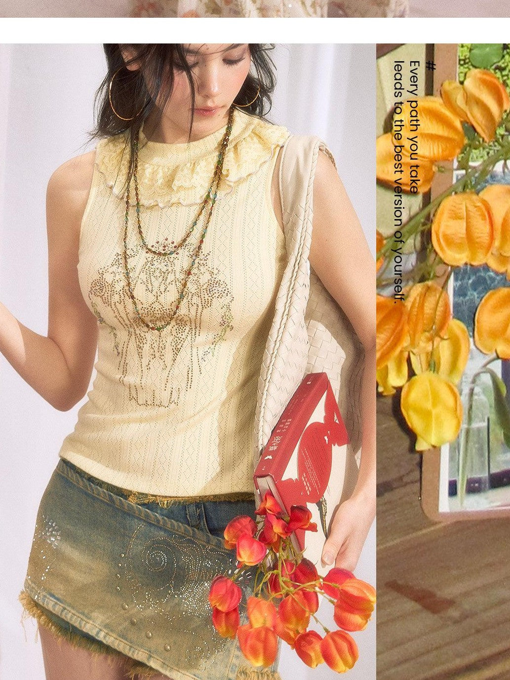 OfAkiva Lace Rhinestone Stand Collar Slim Fit Cropped Women&