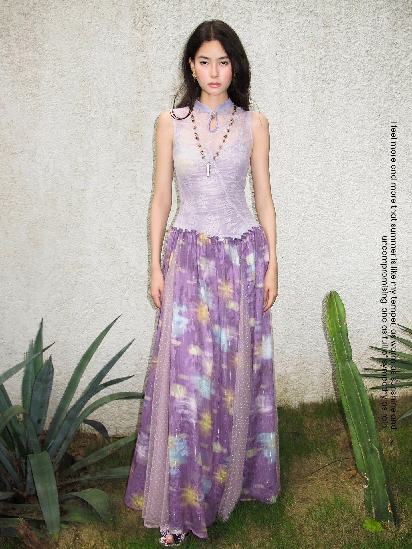 OfAkiva Lace Splice Printed Cheongsam Collar Women&