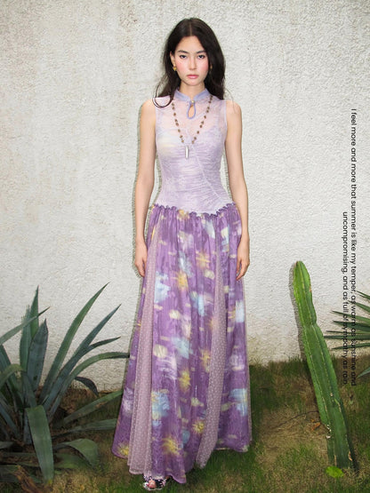 OfAkiva Lace Splice Printed Cheongsam Collar Women&