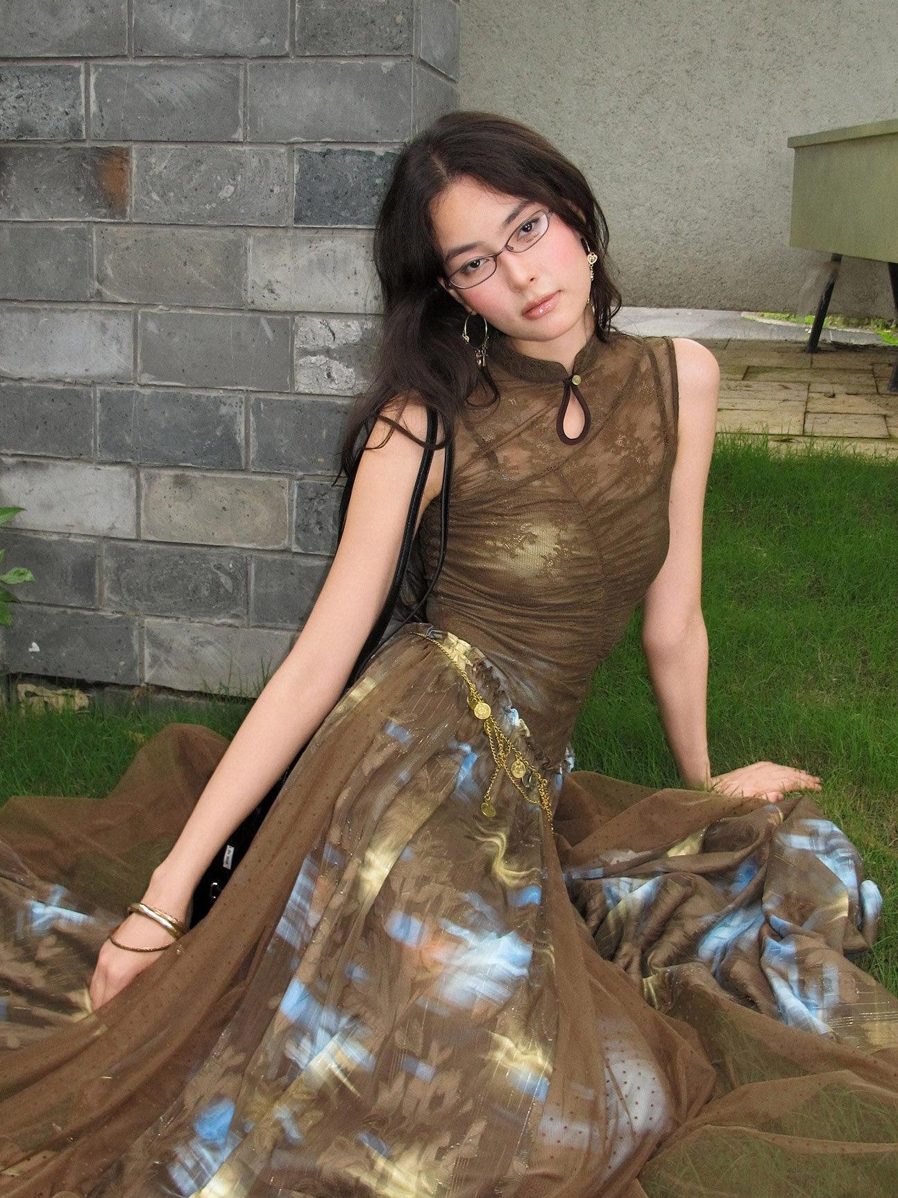OfAkiva Lace Splice Printed Cheongsam Collar Women&