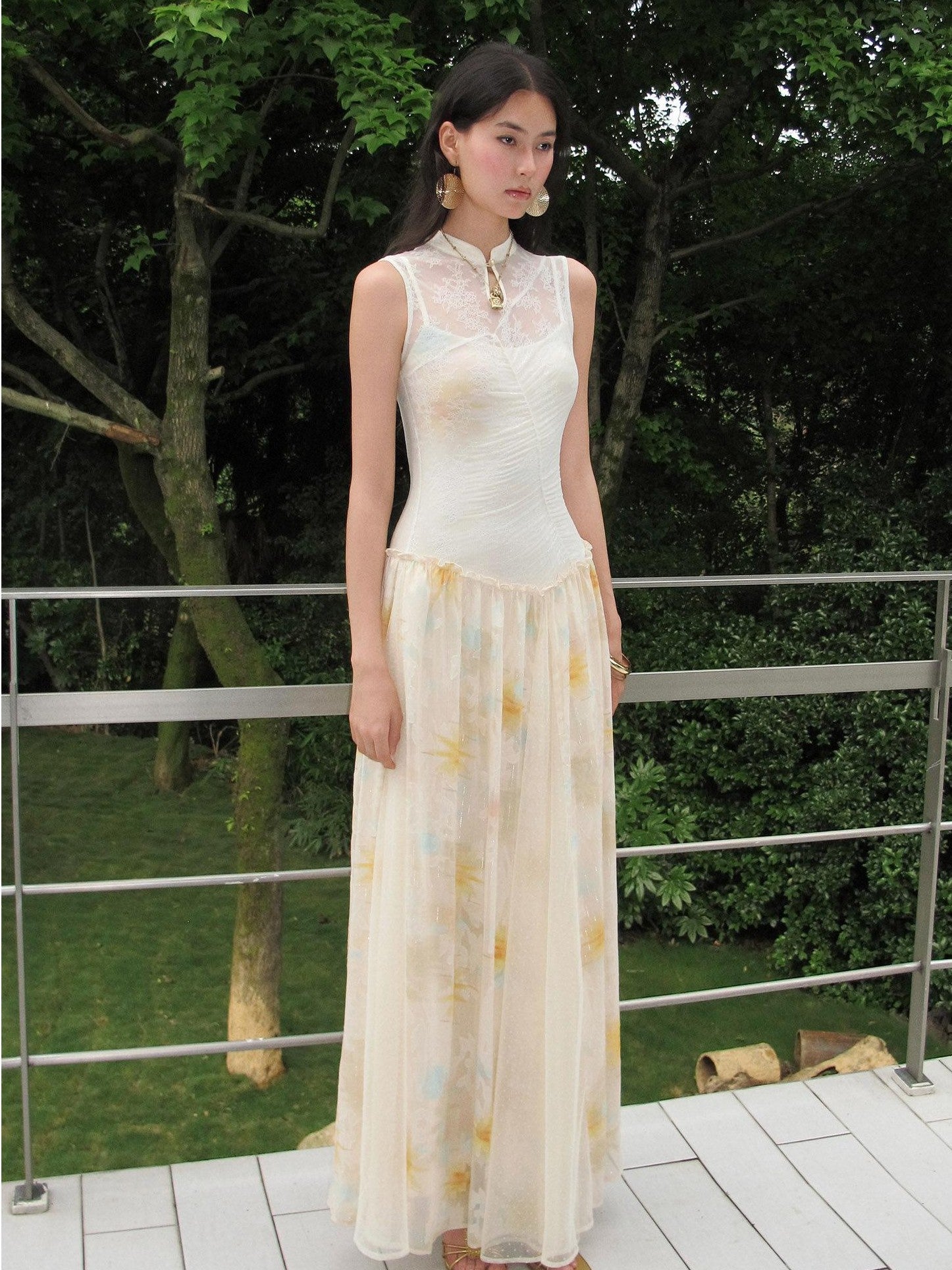 OfAkiva Lace Splice Printed Cheongsam Collar Women&