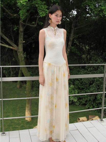 OfAkiva Lace Splice Printed Cheongsam Collar Women&
