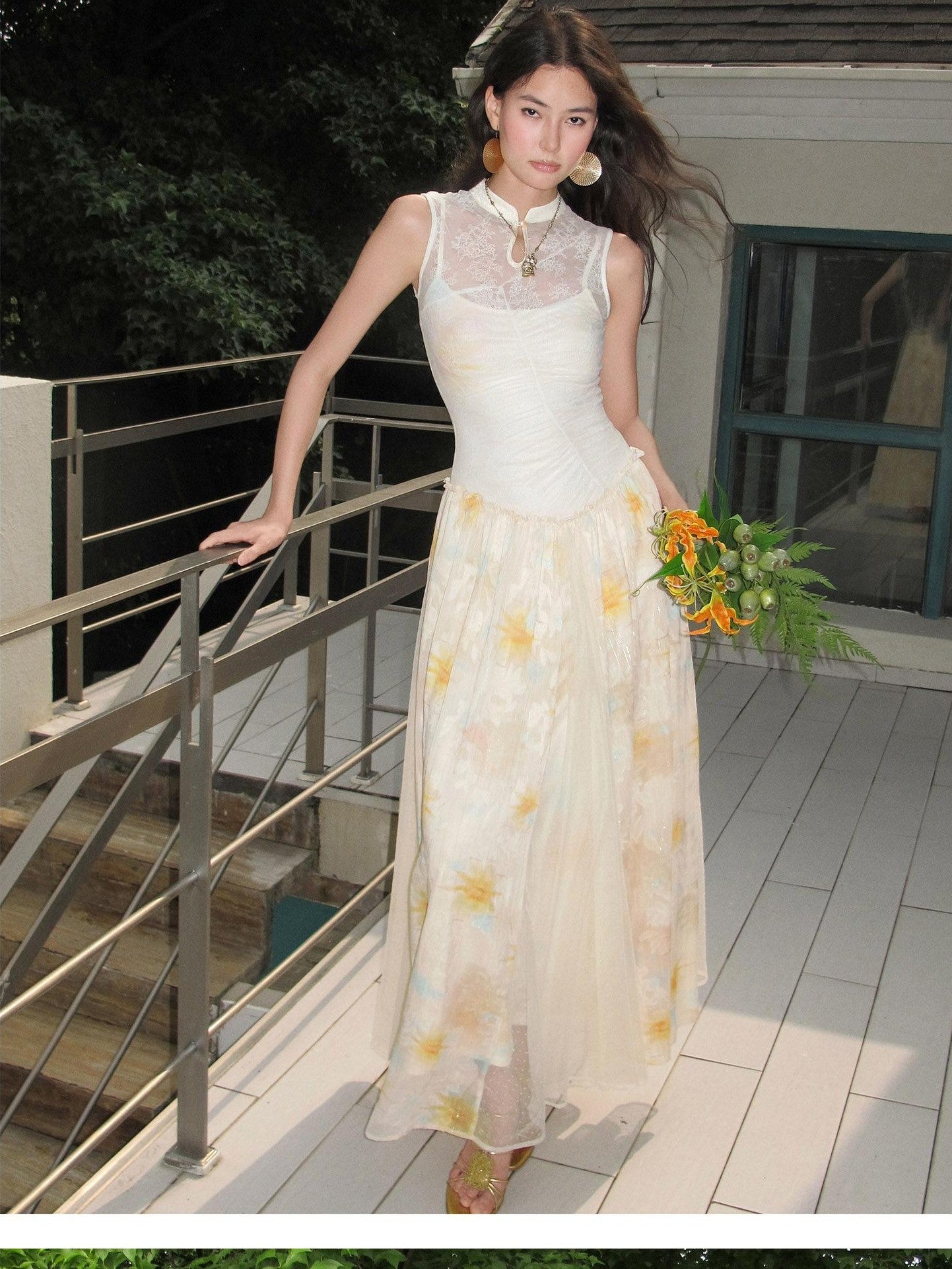 OfAkiva Lace Splice Printed Cheongsam Collar Women&
