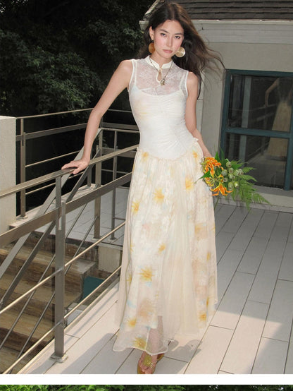 OfAkiva Lace Splice Printed Cheongsam Collar Women&