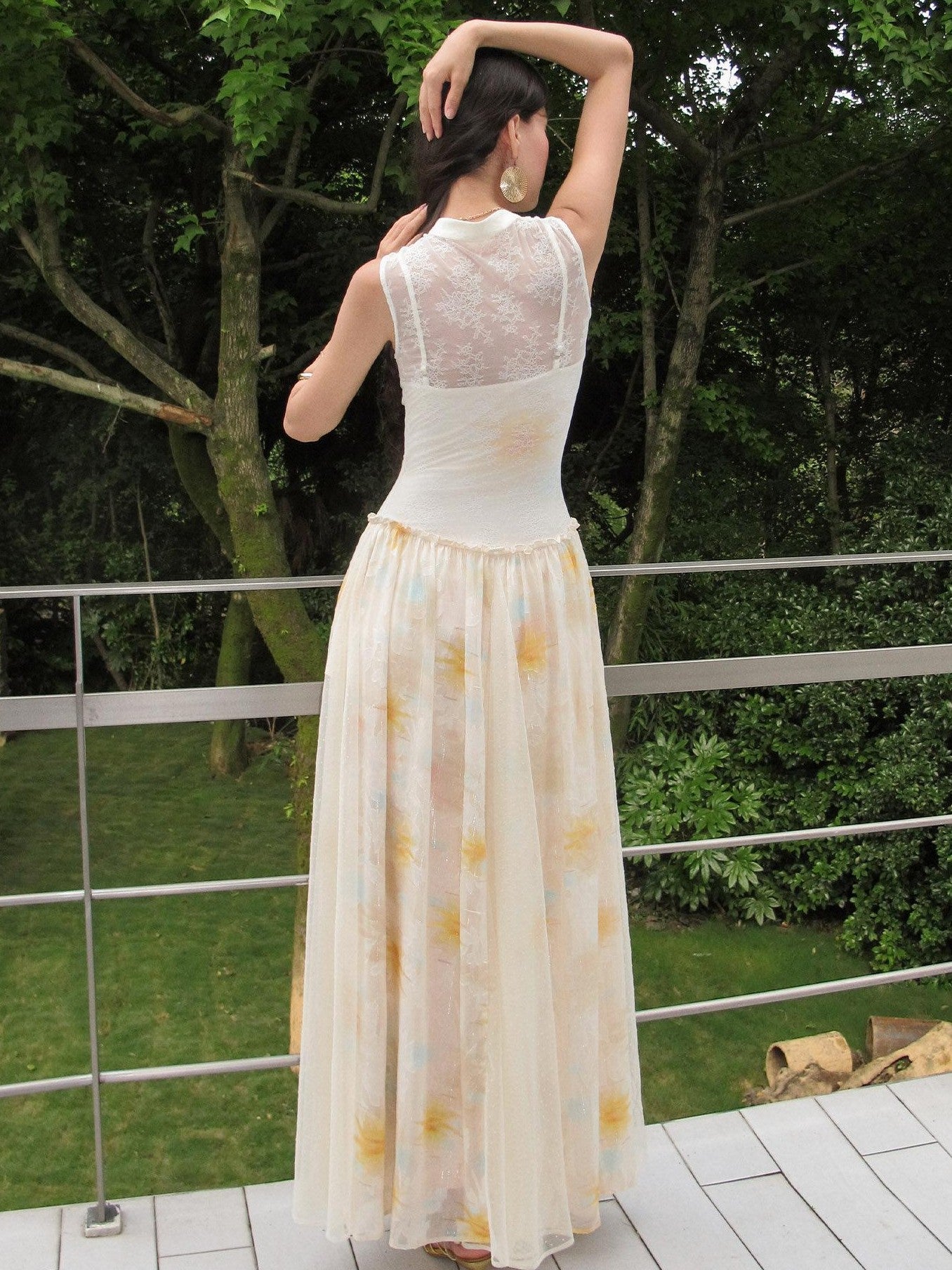 OfAkiva Lace Splice Printed Cheongsam Collar Women&