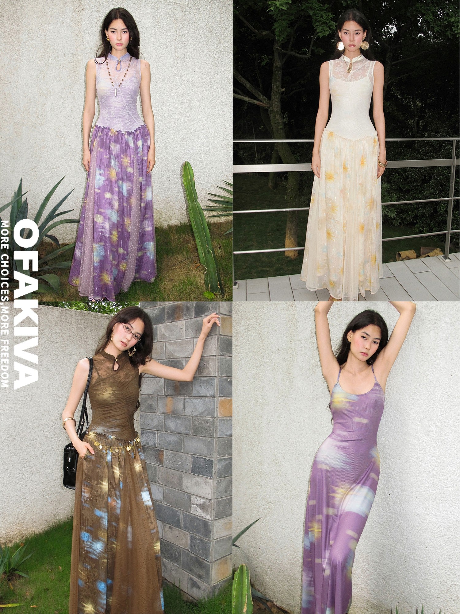 OfAkiva Lace Splice Printed Cheongsam Collar Women&