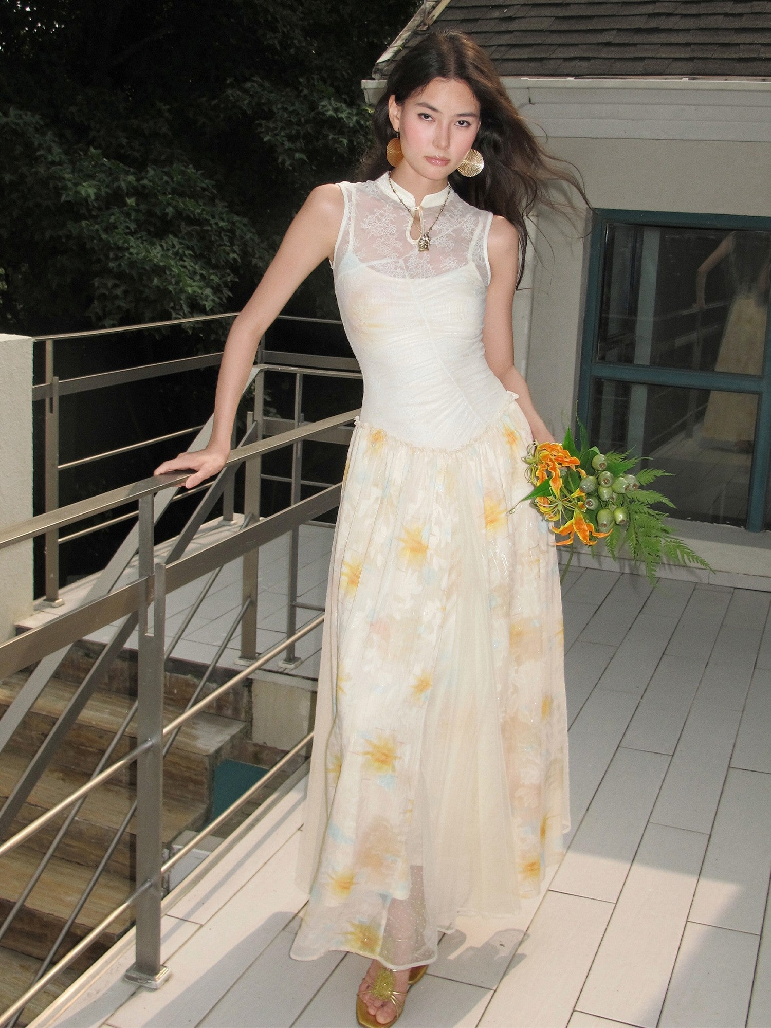 OfAkiva Lace Splice Printed Cheongsam Collar Women&