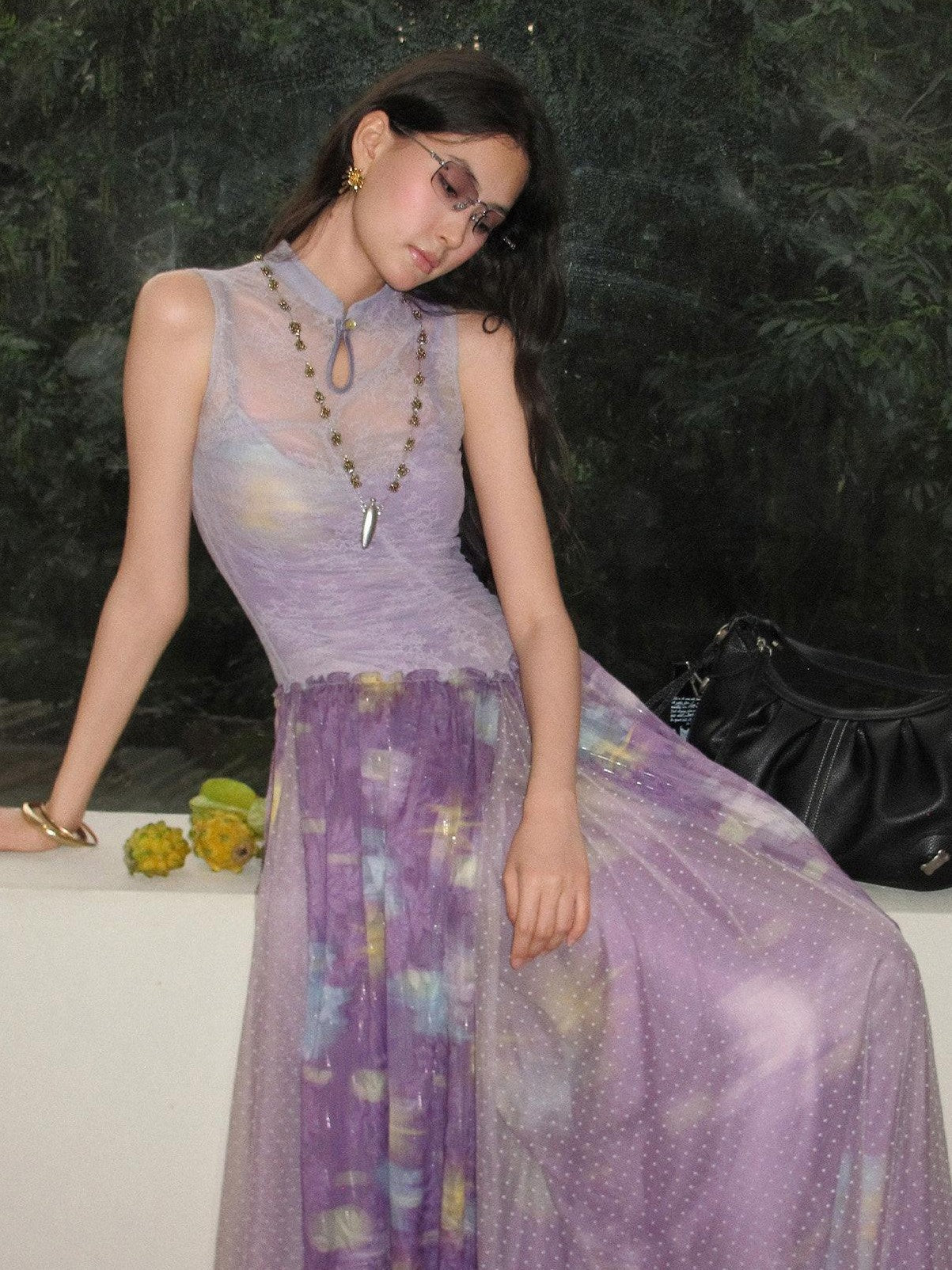 OfAkiva Lace Splice Printed Cheongsam Collar Women&