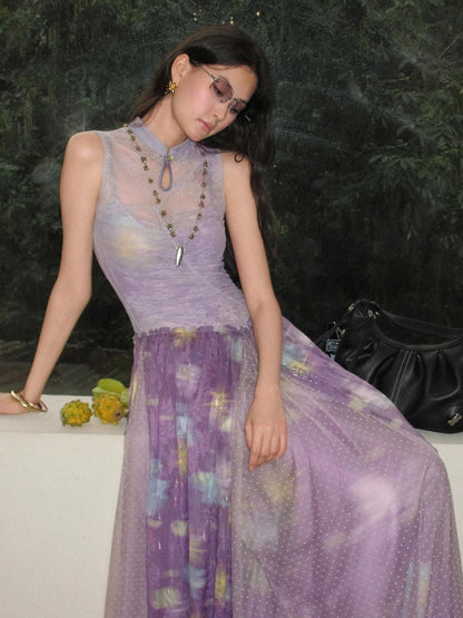 OfAkiva Lace Splice Printed Cheongsam Collar Women&