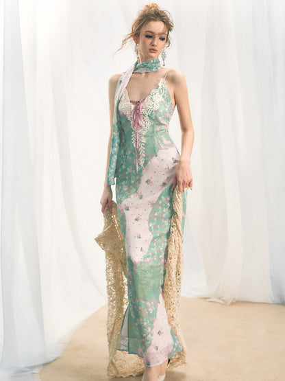 OfAkiva Lace Spliced Floral V-neck Cinched Waist Women&