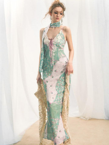OfAkiva Lace Spliced Floral V-neck Cinched Waist Women&