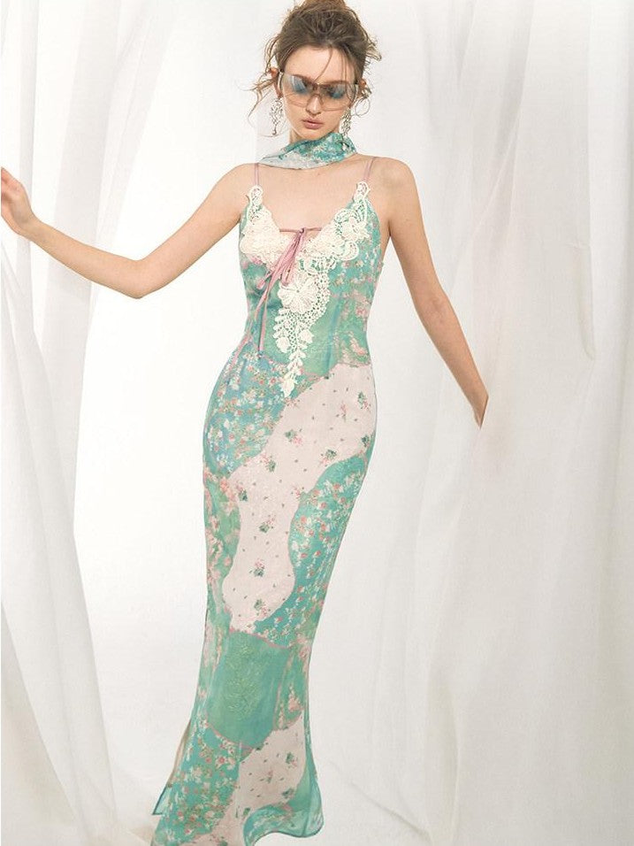 OfAkiva Lace Spliced Floral V-neck Cinched Waist Women&