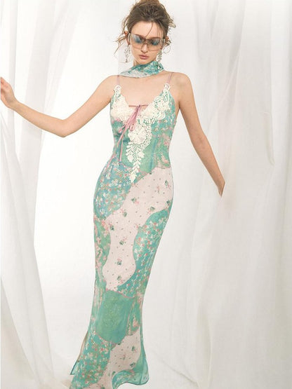 OfAkiva Lace Spliced Floral V-neck Cinched Waist Women&