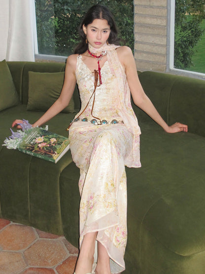 OfAkiva Lace Spliced Floral V-neck Cinched Waist Women&