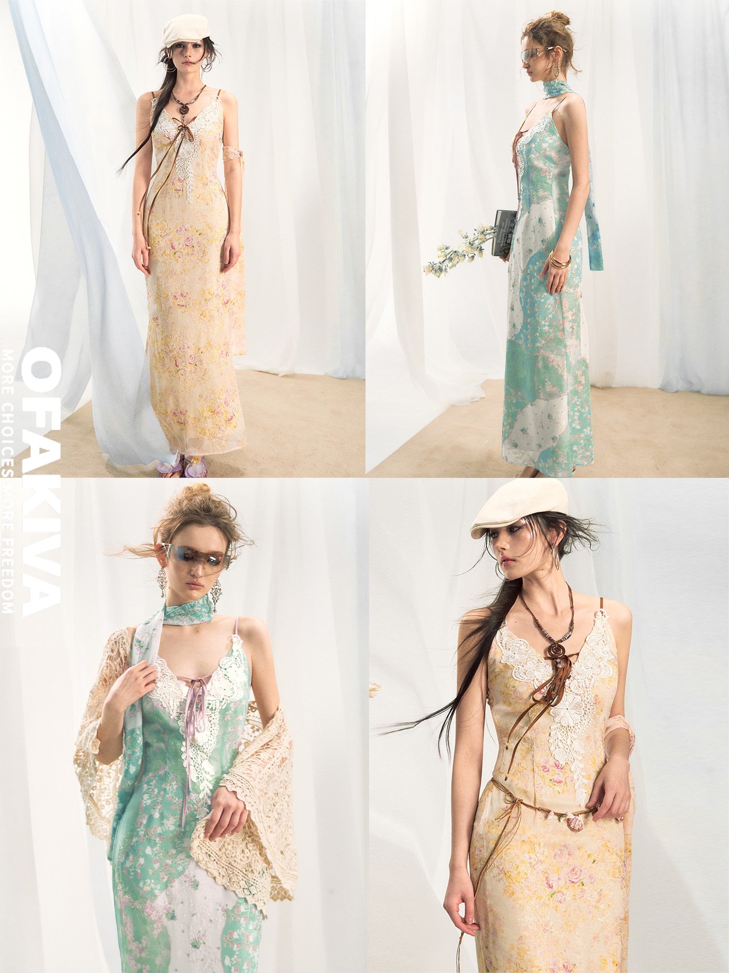 OfAkiva Lace Spliced Floral V-neck Cinched Waist Women&