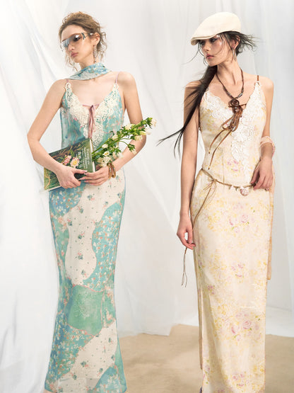 OfAkiva Lace Spliced Floral V-neck Cinched Waist Women&