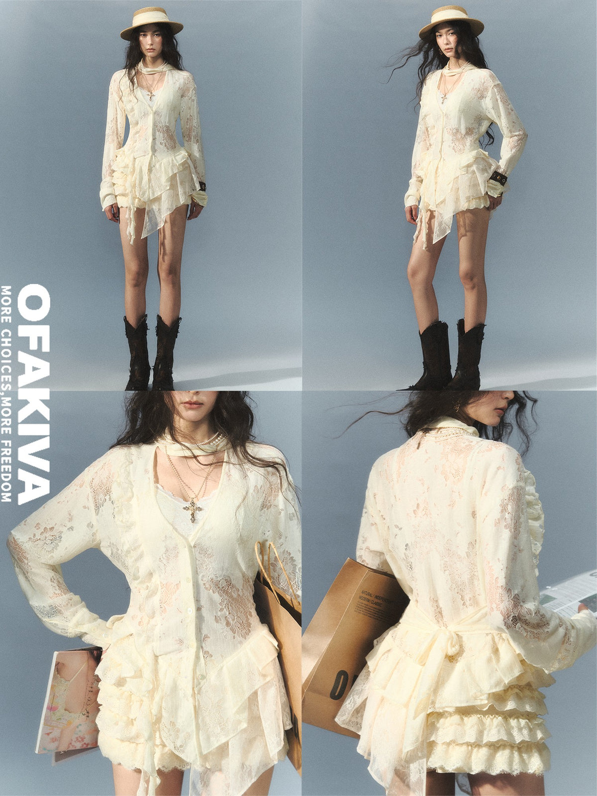 OfAkiva Lace Spliced High Waist Slim Fit Long Sleeve Women&