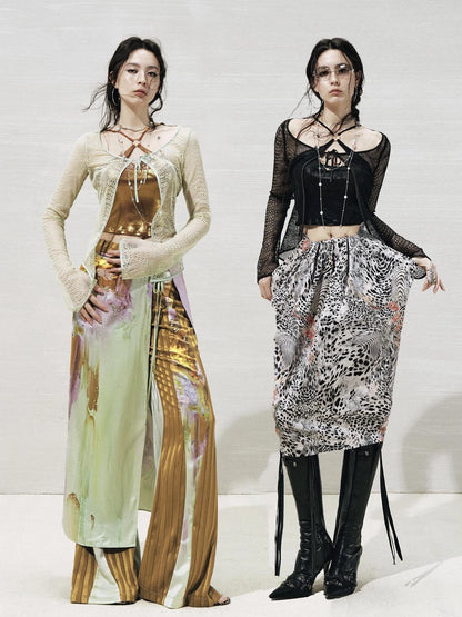 OfAkiva Lace Trimmed Metallic Knit Two Piece Tie Front Set