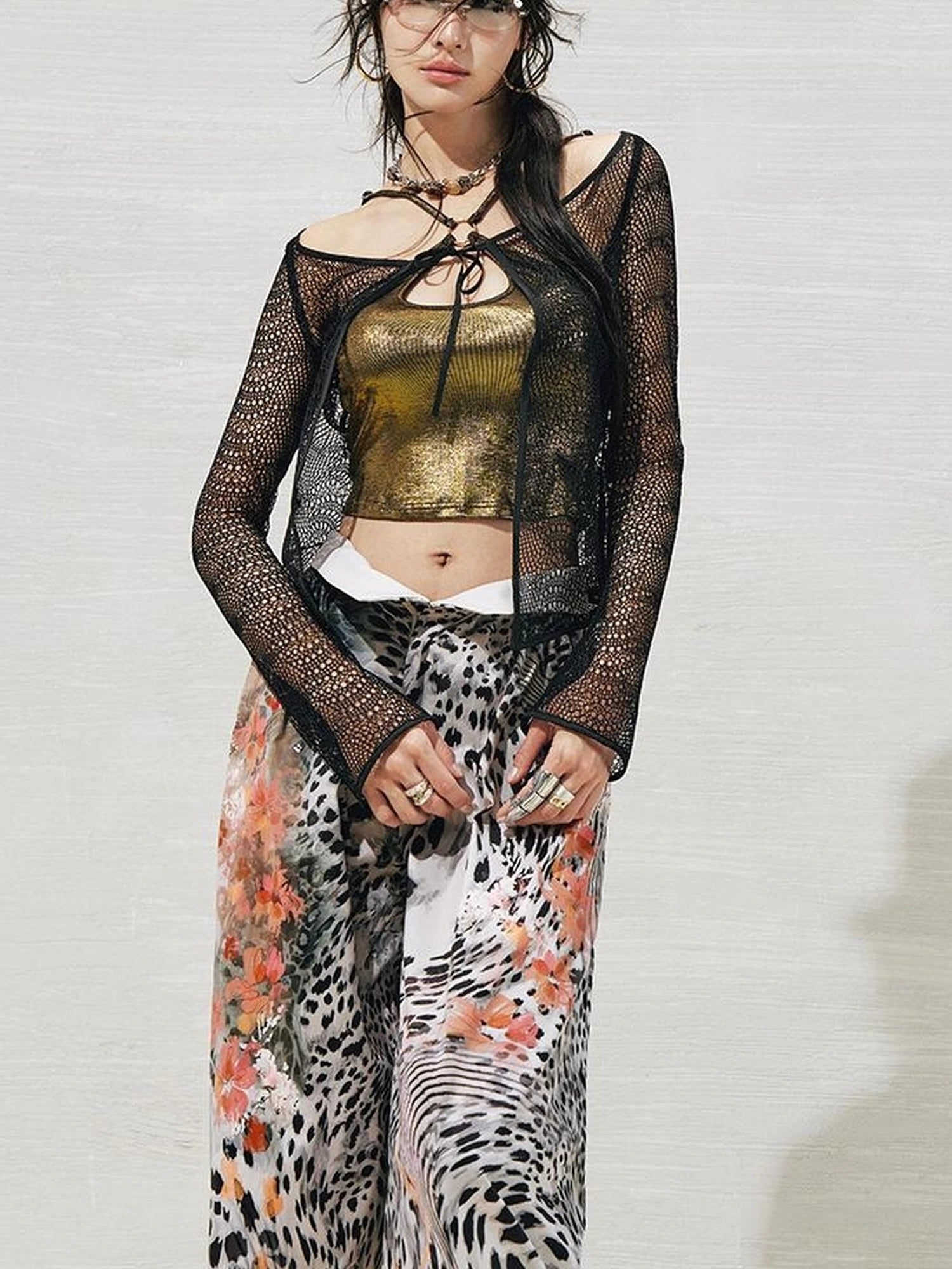 OfAkiva Lace Trimmed Metallic Knit Two Piece Tie Front Set