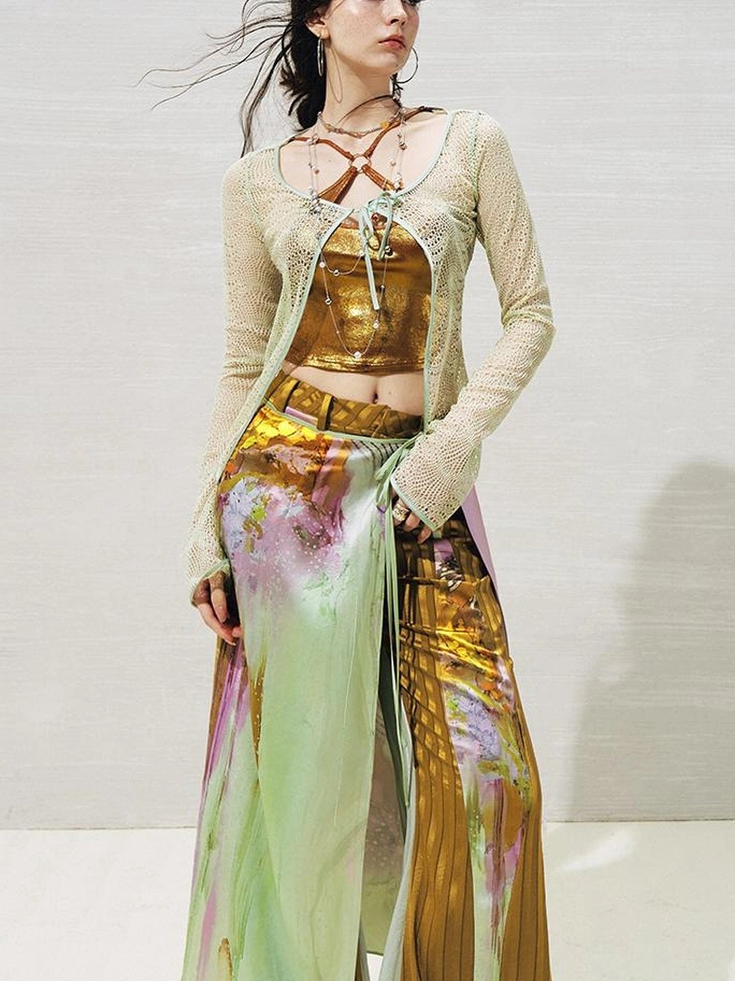 OfAkiva Lace Trimmed Metallic Knit Two Piece Tie Front Set