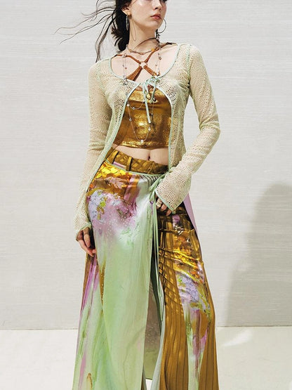 OfAkiva Lace Trimmed Metallic Knit Two Piece Tie Front Set