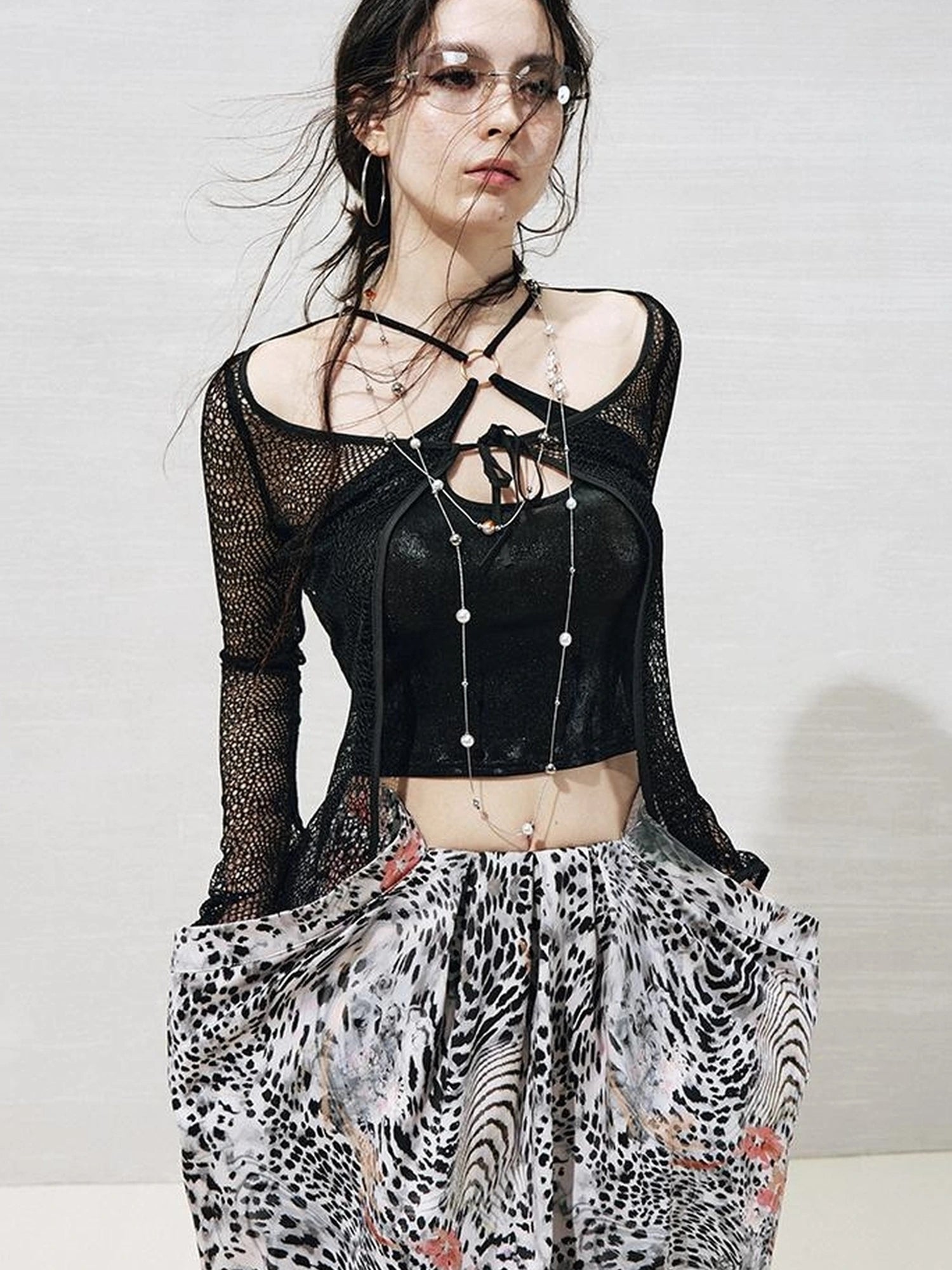 OfAkiva Lace Trimmed Metallic Knit Two Piece Tie Front Set