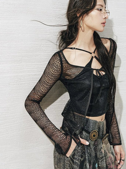 OfAkiva Lace Trimmed Metallic Knit Two Piece Tie Front Set