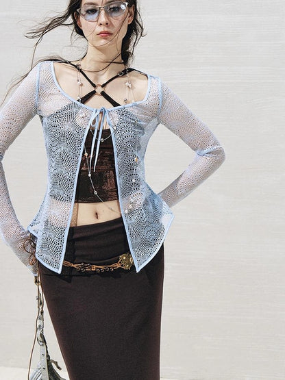 OfAkiva Lace Trimmed Metallic Knit Two Piece Tie Front Set