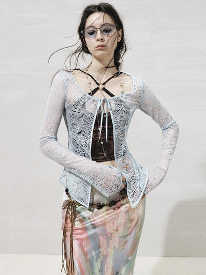 OfAkiva Lace Trimmed Metallic Knit Two Piece Tie Front Set