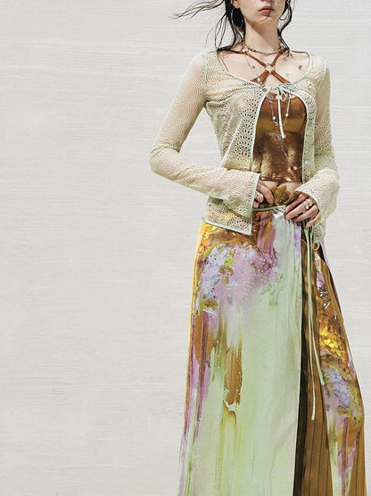 OfAkiva Lace Trimmed Metallic Knit Two Piece Tie Front Set