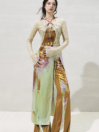 OfAkiva Lace Trimmed Metallic Knit Two Piece Tie Front Set