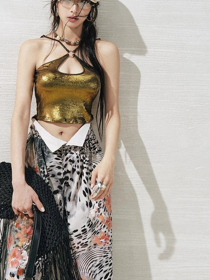 OfAkiva Lace Trimmed Metallic Knit Two Piece Tie Front Set