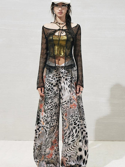 OfAkiva Lace Trimmed Metallic Knit Two Piece Tie Front Set