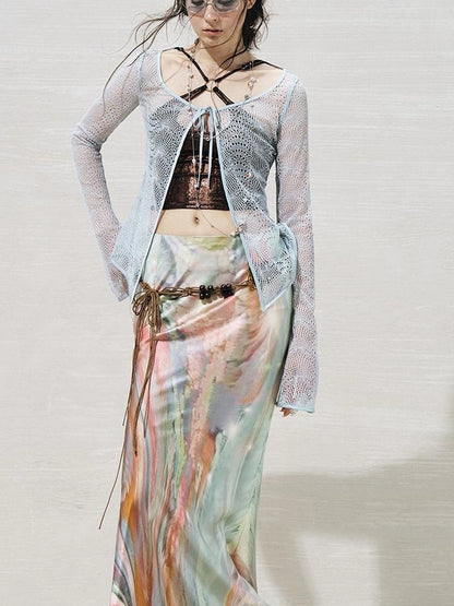 OfAkiva Lace Trimmed Metallic Knit Two Piece Tie Front Set