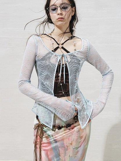 OfAkiva Lace Trimmed Metallic Knit Two Piece Tie Front Set