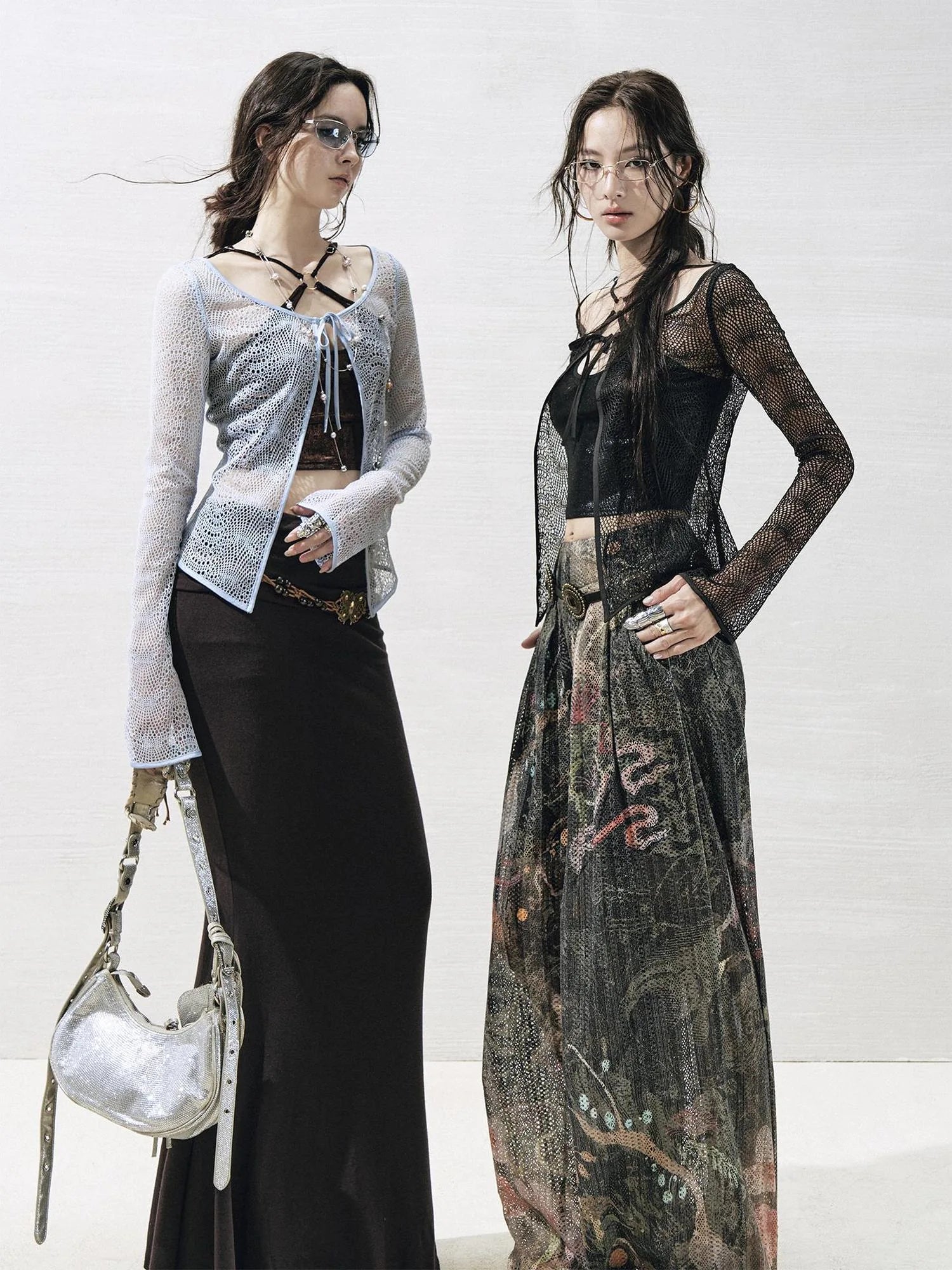 OfAkiva Lace Trimmed Metallic Knit Two Piece Tie Front Set