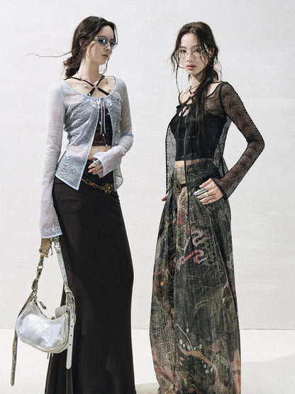 OfAkiva Lace Trimmed Metallic Knit Two Piece Tie Front Set