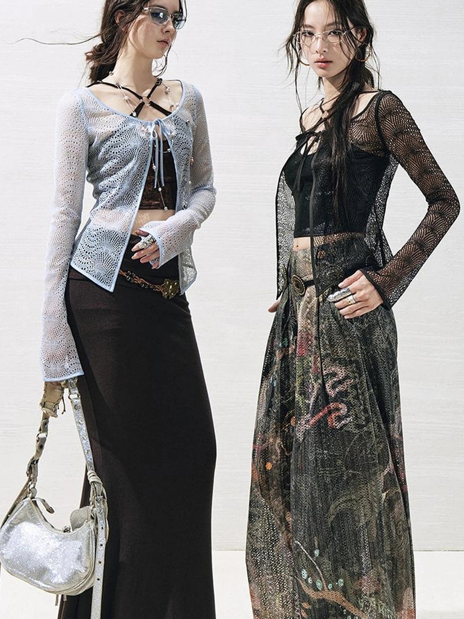 OfAkiva Lace Trimmed Metallic Knit Two Piece Tie Front Set